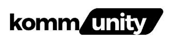 Logo with the words 'komm' and 'unity', with 'unity' in white letters on a black background