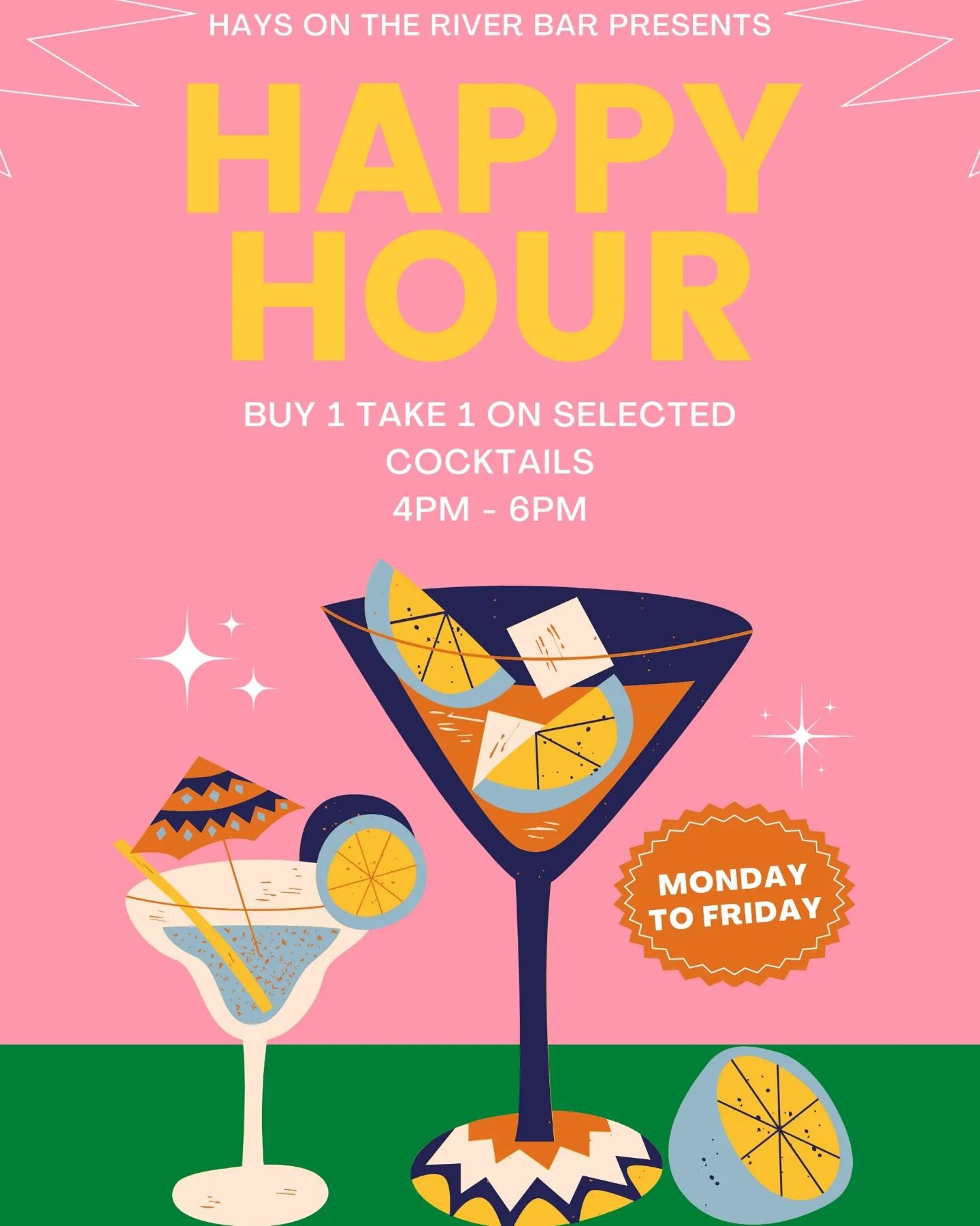 🍹HAPPY HOUR AT HAYS🍹
Buy one, get one free on selected cocktails! You'd be silly not to....

Mon-Fri
4-6pm 

💥