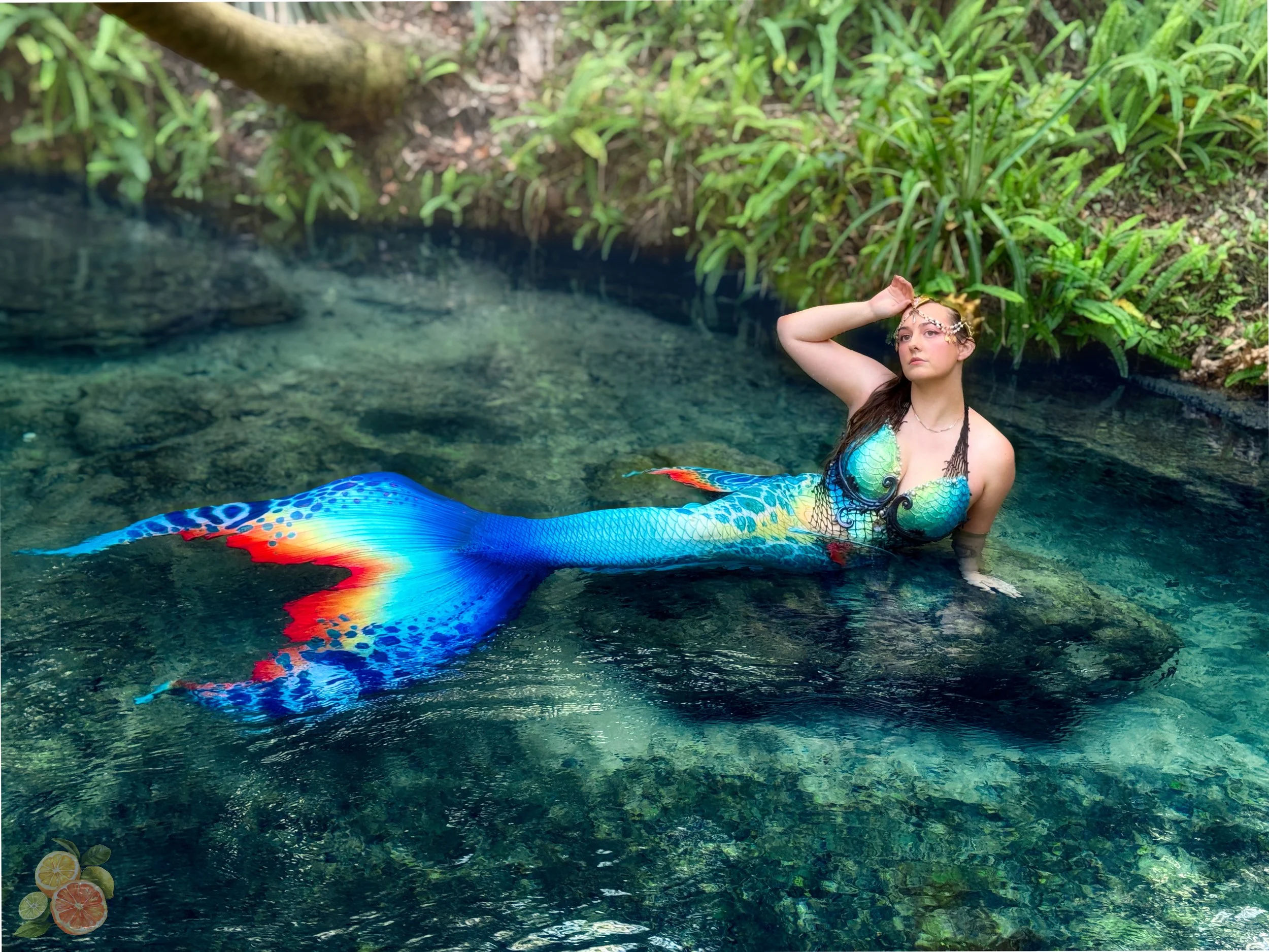 A woman dressed as a mermaid with a vibrant, multicolored mermaid tail lounging in a clear, shallow pond surrounded by lush green foliage.