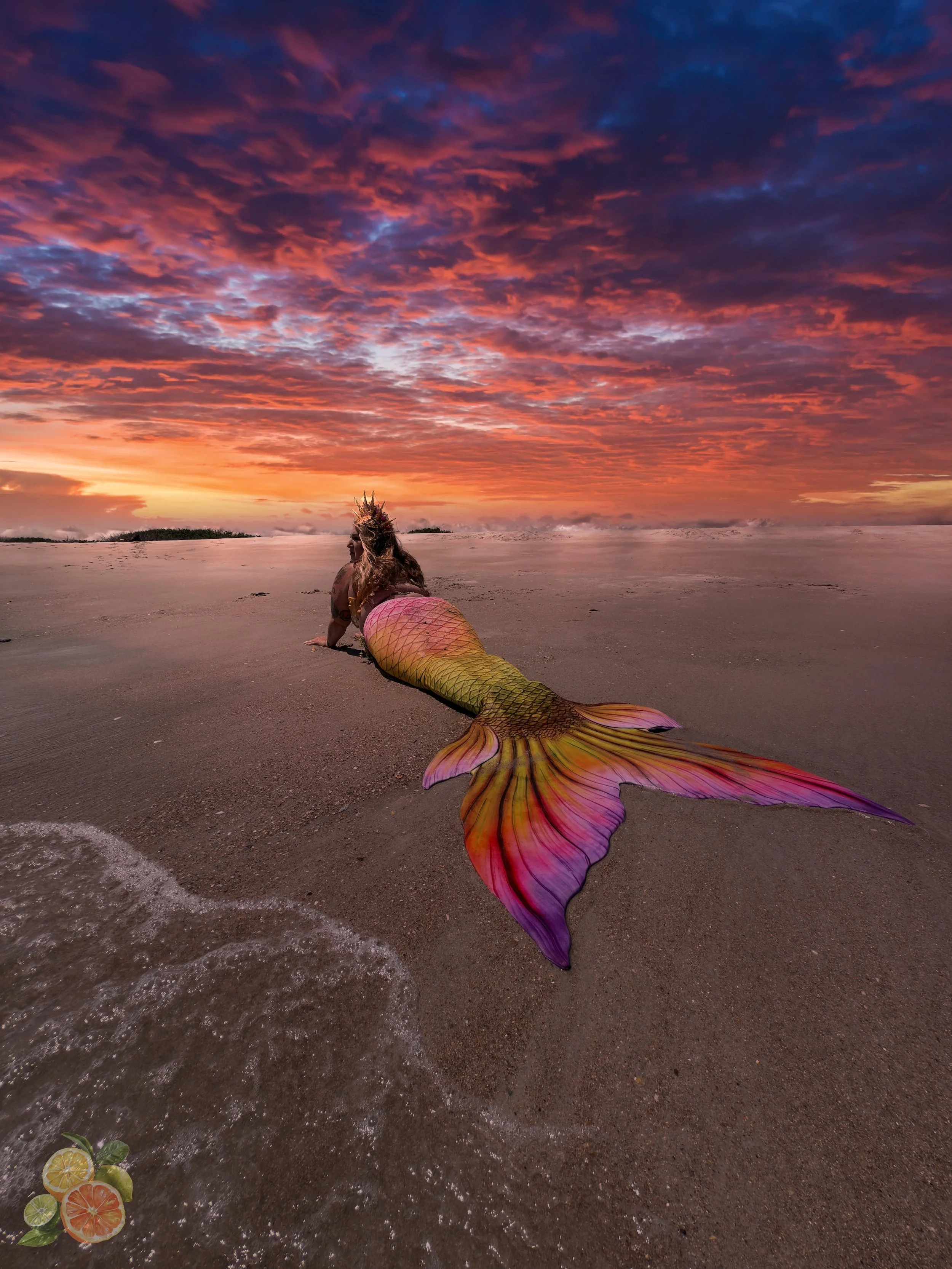 A mermaid with a colorful tail lying on a sandy beach during a vibrant sunset sky.