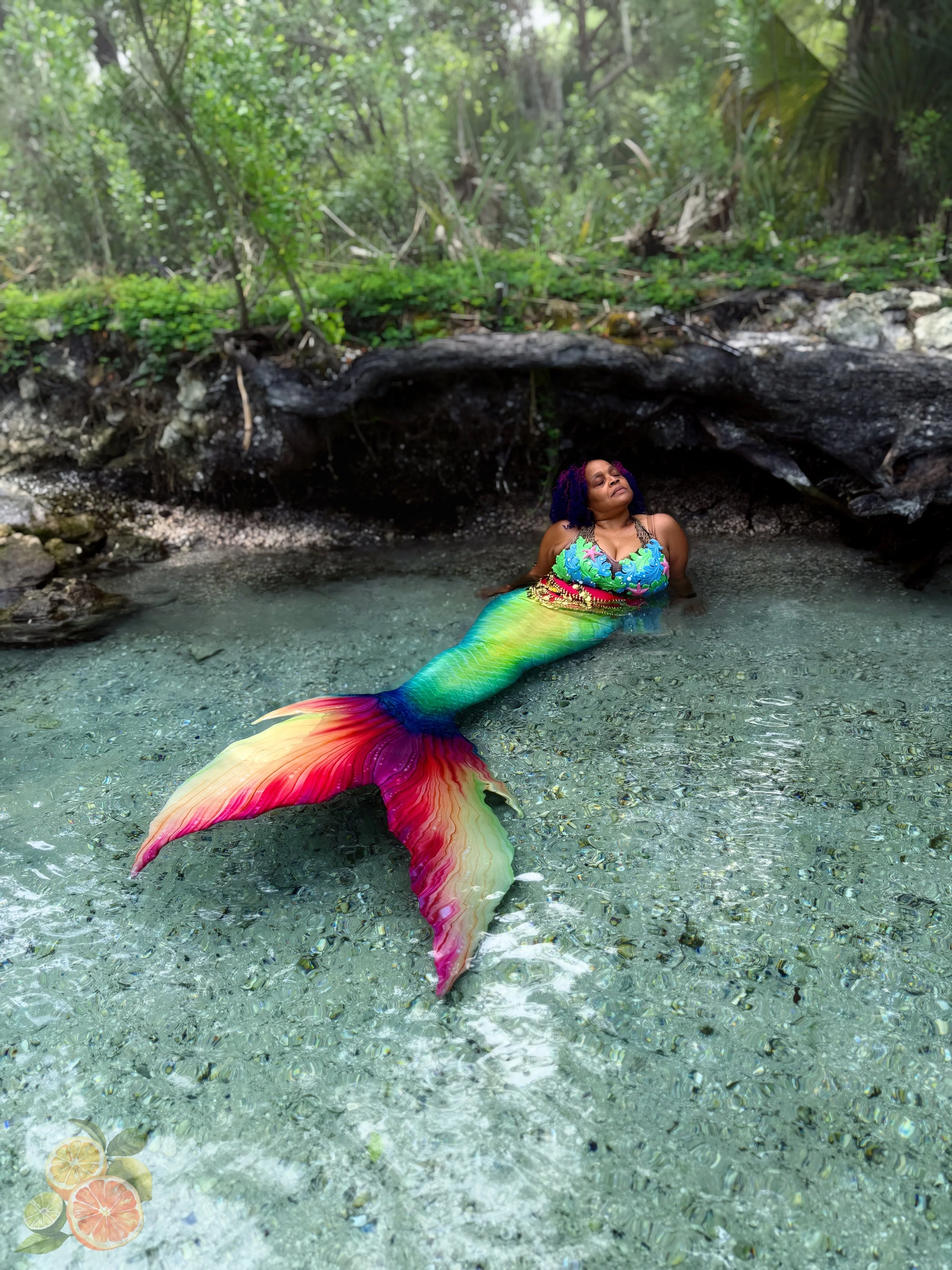 A woman with a rainbow-colored mermaid tail in a clear, shallow stream surrounded by lush green trees and rocks, relaxing with her eyes closed.