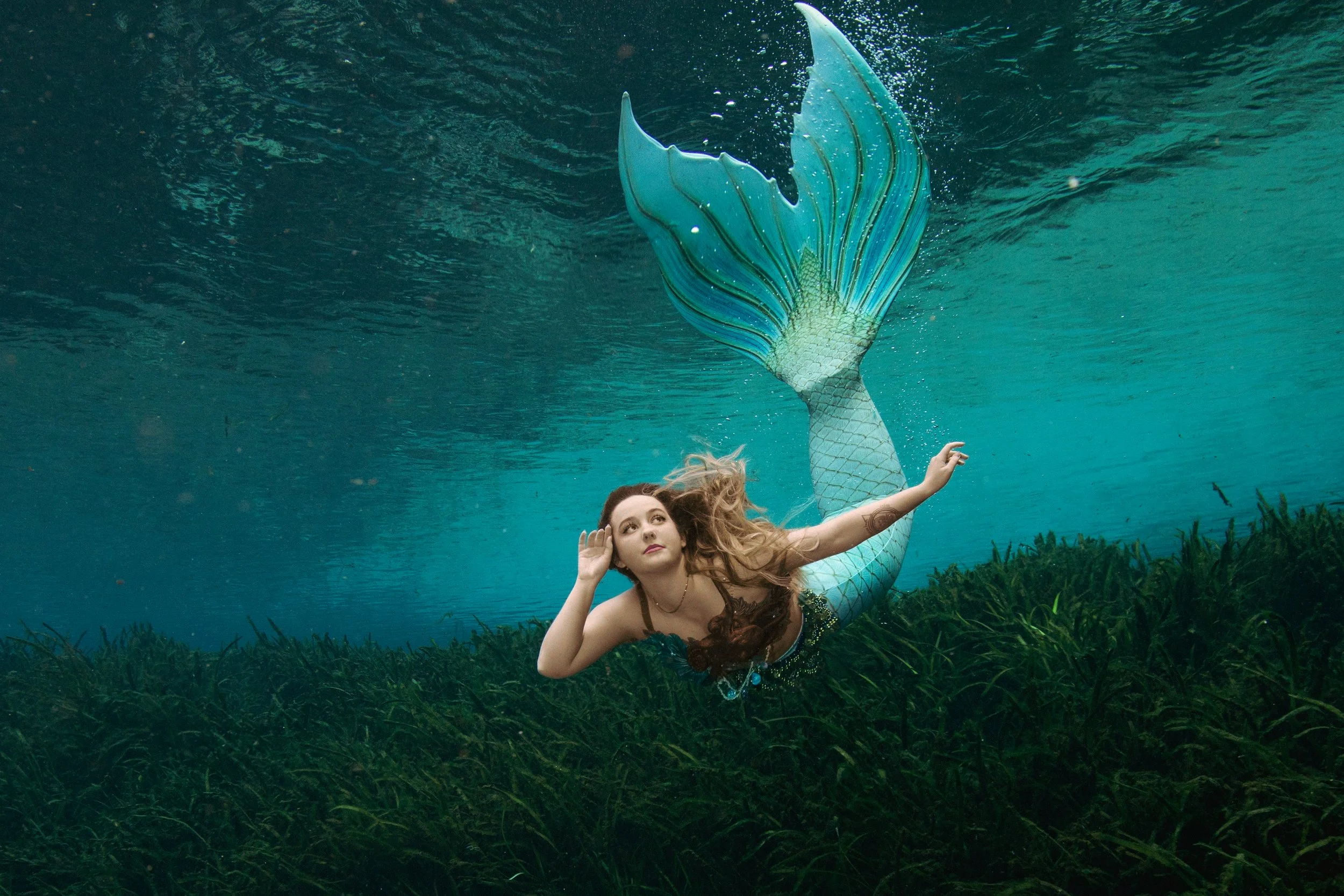 A mermaid with a turquoise tail is swimming and posing underwater
