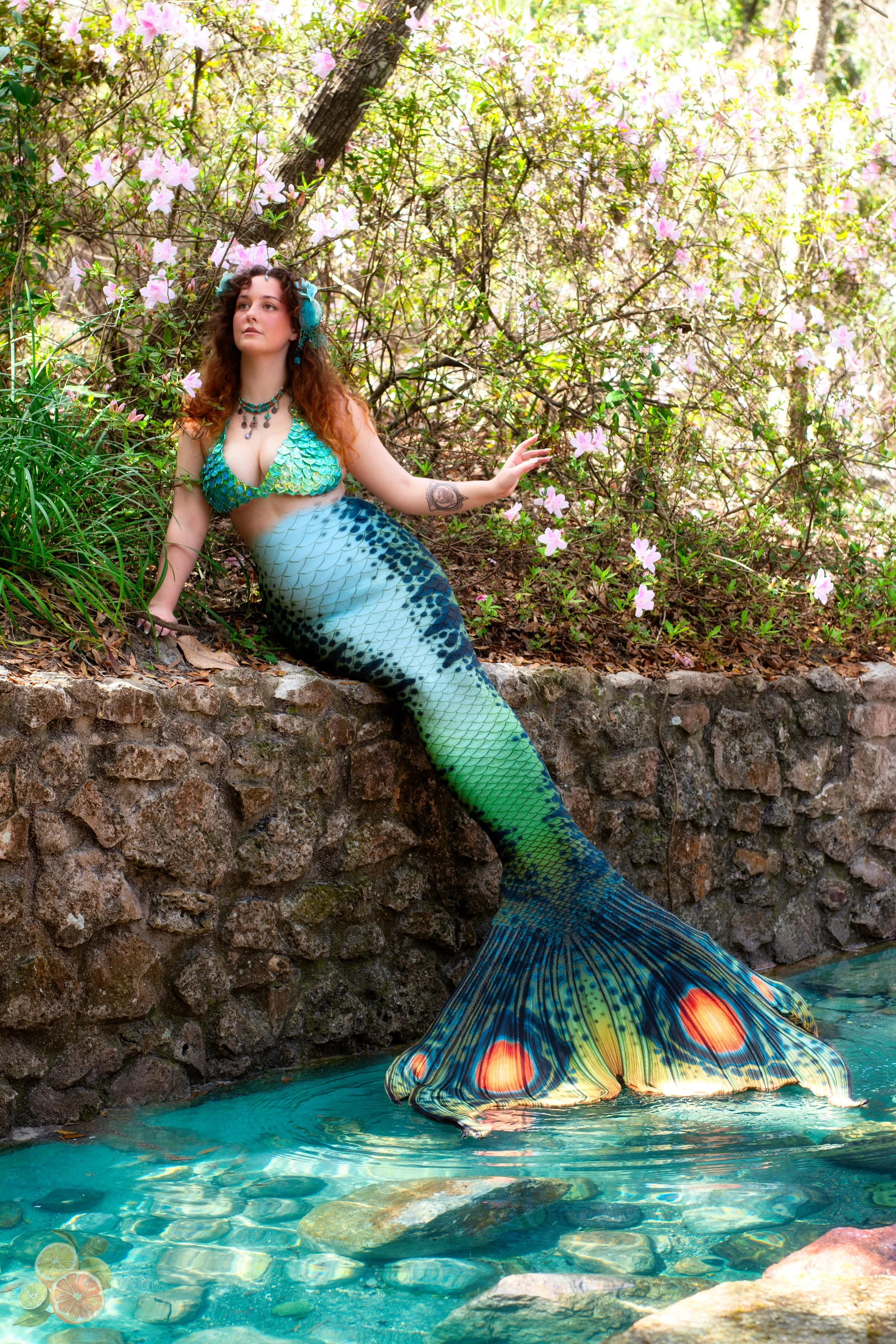 A woman dressed as a mermaid, wearing a colorful fin and scales, lying on a stone ledge by a clear blue pond surrounded by greenery and pink flowers.