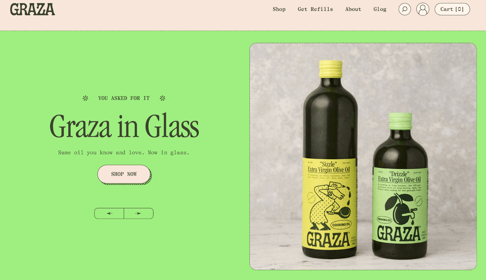 Graza olive oil homepage with two bottles of Graza olive oil glass bottles.
