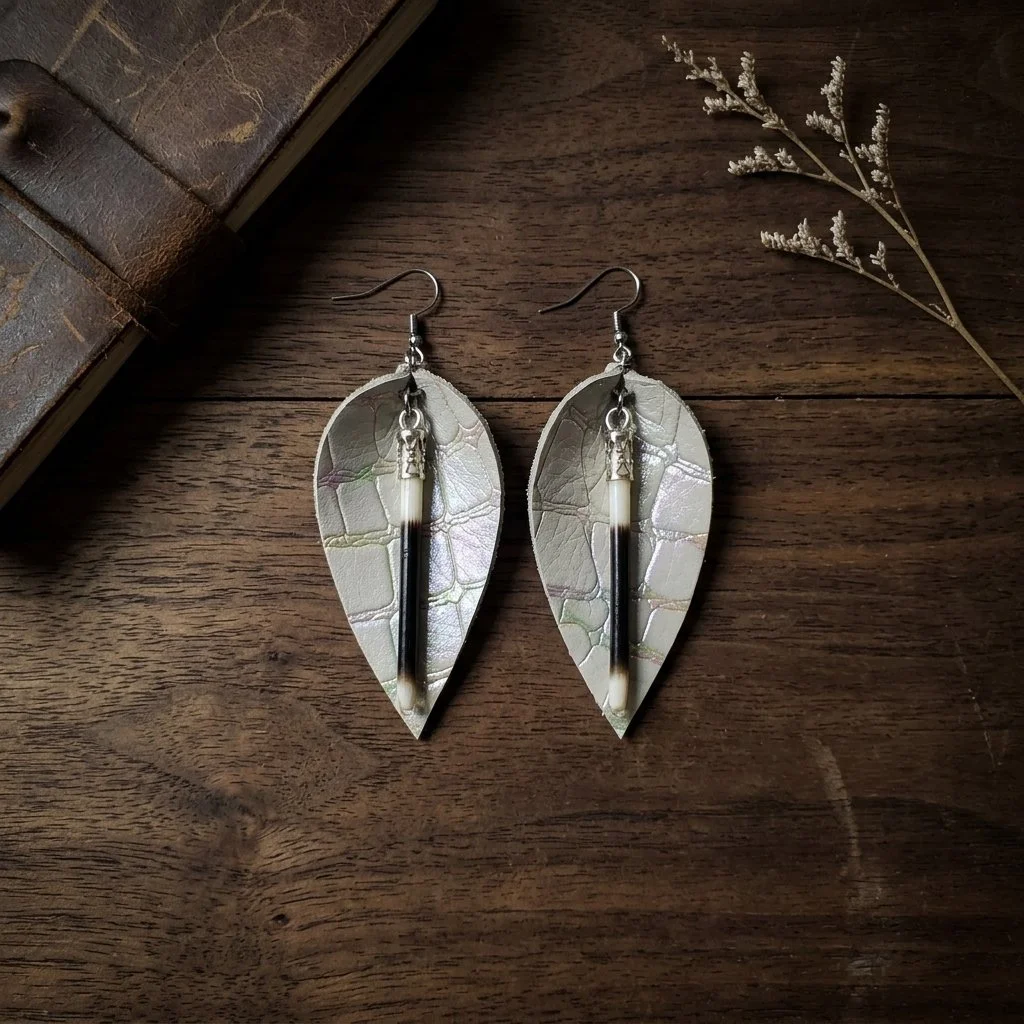 White Embossed Holographic Quill Earring