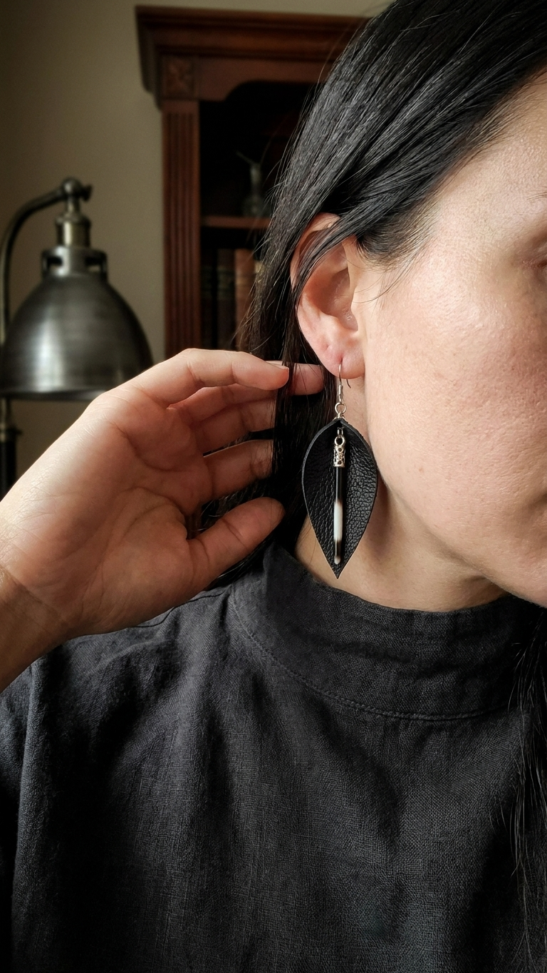 Black Leather Teardrop Porcupine Earrings