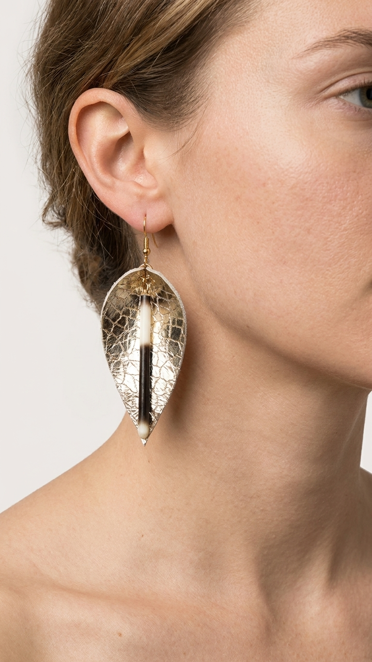 Embossed Gold Leather Quill Teardrop Earring