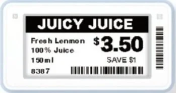 Juicy Juice price tag for fresh lemon and 100% juice, 150ml, priced at $3.50 with a $1 savings.