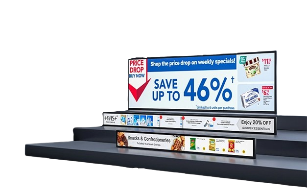 Store display with signs advertising discounts, including a large blue sign stating 'Save up to 46%', and smaller signs for snacks, confections, and summer essentials.