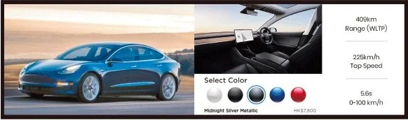 An electric car with specifications including 409 km range, 225 km/h top speed, 0-100 km/h in 5.6 seconds, and available colors Midnight Silver Metallic, Silver Metallic, Blue, and Red.