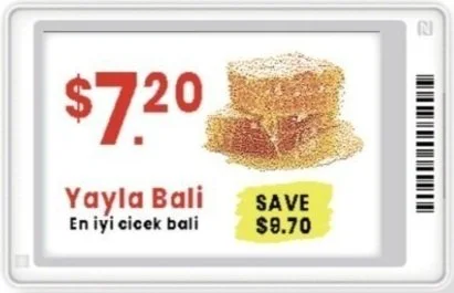 Digital sign showing a special offer for Yayla Bali, a Turkish dessert, priced at $7.20 with a savings of $9.70.