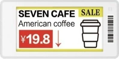 A promotional sale sign for Seven Cafe featuring American coffee priced at ¥19.8 with a cup graphic and a yellow sale label.