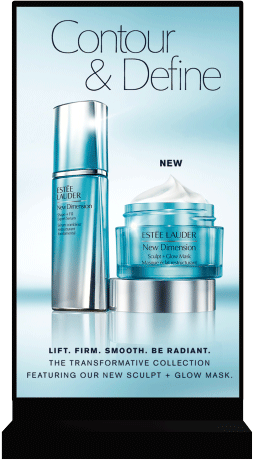 Advertisement for Estée Lauder skincare featuring a silver bottle and a jar of cream, with text 'Contour & Define' and mentions of new products in the New Dimension collection.
