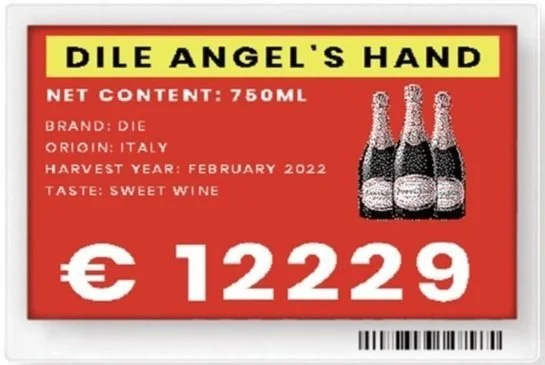 A red label displaying a product called Dile Angel's Hand, with three linked wine bottles illustration, 750ml net content, from Italy, harvest February 2022, sweet wine, priced at €12229.