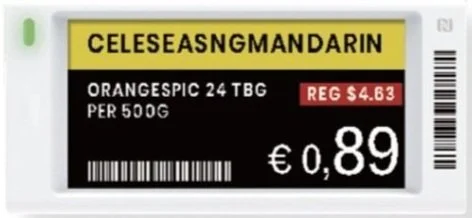 Product label for oranges, emphasizing the Mandarin variety. The label includes the code CELESEASNGMANDARIN, and mentions the oranges are an average of 24 TBG per 500 grams. It shows a regular price of $4.63, with a sale price of 89 cents in euros (€0.89).