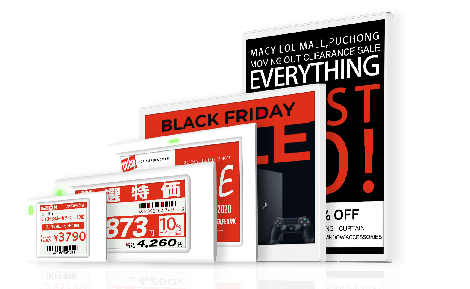 Multiple electronic devices displaying online sales and shopping sale advertisements.