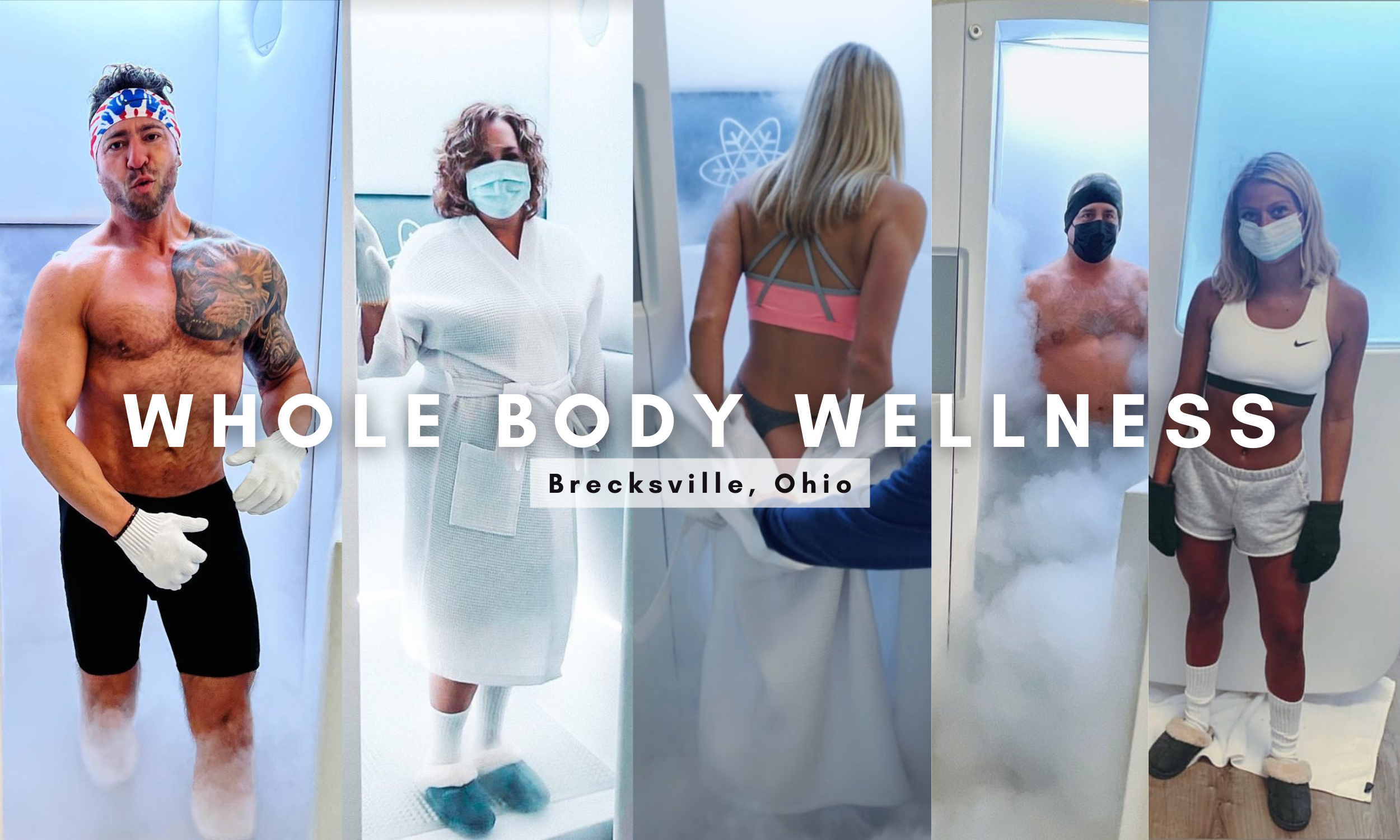 People in wellness and spa settings in Brecksville, Ohio, including a man in workout attire, a woman in a bathrobe, a woman in workout clothes, a man with steamed body, and a woman in athletic wear, w