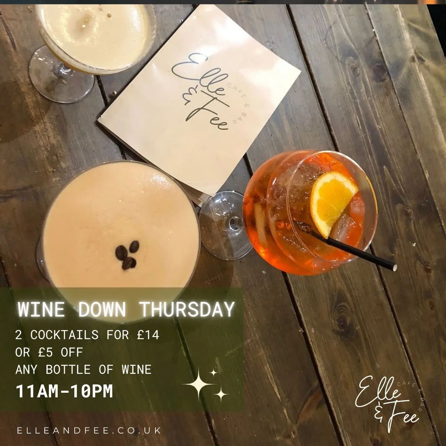 We love to make a cocktail from a daiquiri to a gin lizzy, to nonalcoholic golden sunset. We have everything to quench your thirst. 

Our Wine Down Thursday offer has just got better with 2 cocktails for &pound;14 or &pound;5 off any bottle of wine t