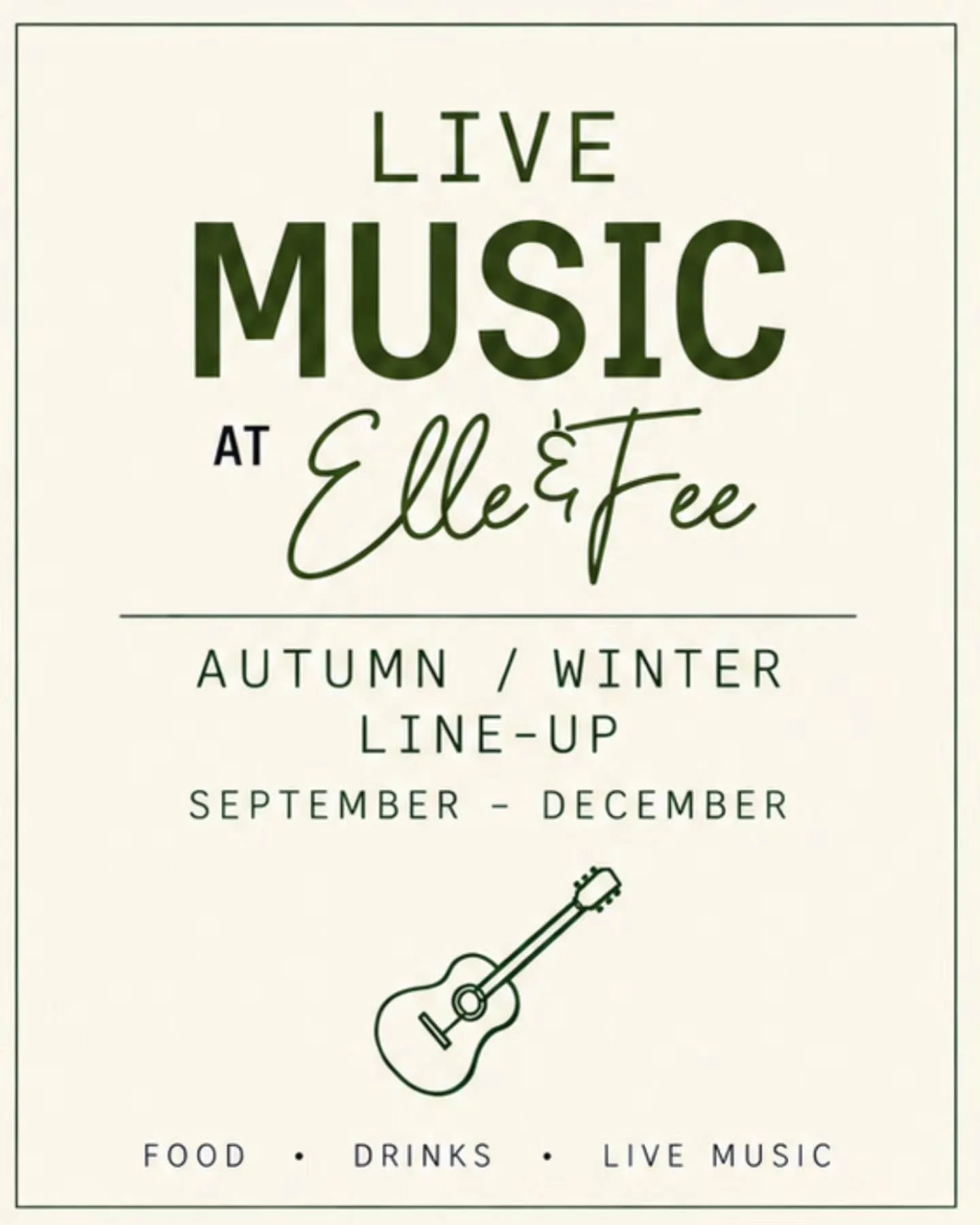 Live music is back at Elle &amp; Fee 🎶 And we&rsquo;ve got a great line up line-up taking us right through autumn and into Christmas.

Acoustic favourites, soulful vocals, familiar covers and festive swing.

First up, Scottie makes his Elle &amp; Fe