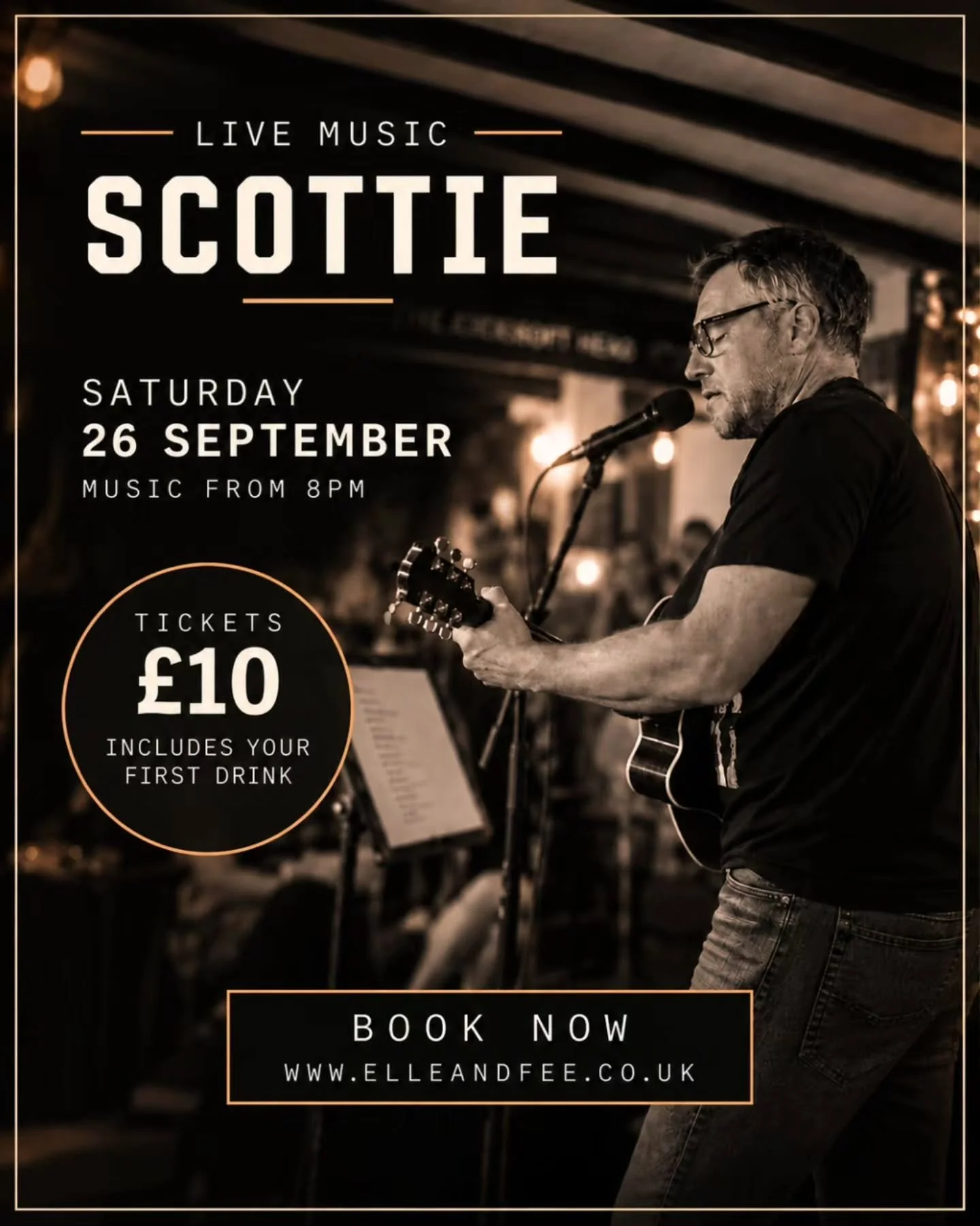 THIS SATURDAY 🎸

Scottie makes his Elle &amp; Fee debut this weekend, playing acoustic favourites from the 50s right through to today.

🎵 Saturday 26 September
🎤 Music 8&ndash;10pm
🍕 Food served 6&ndash;9pm
🍸 Bar open until 11pm
🎟 &pound;10pp i