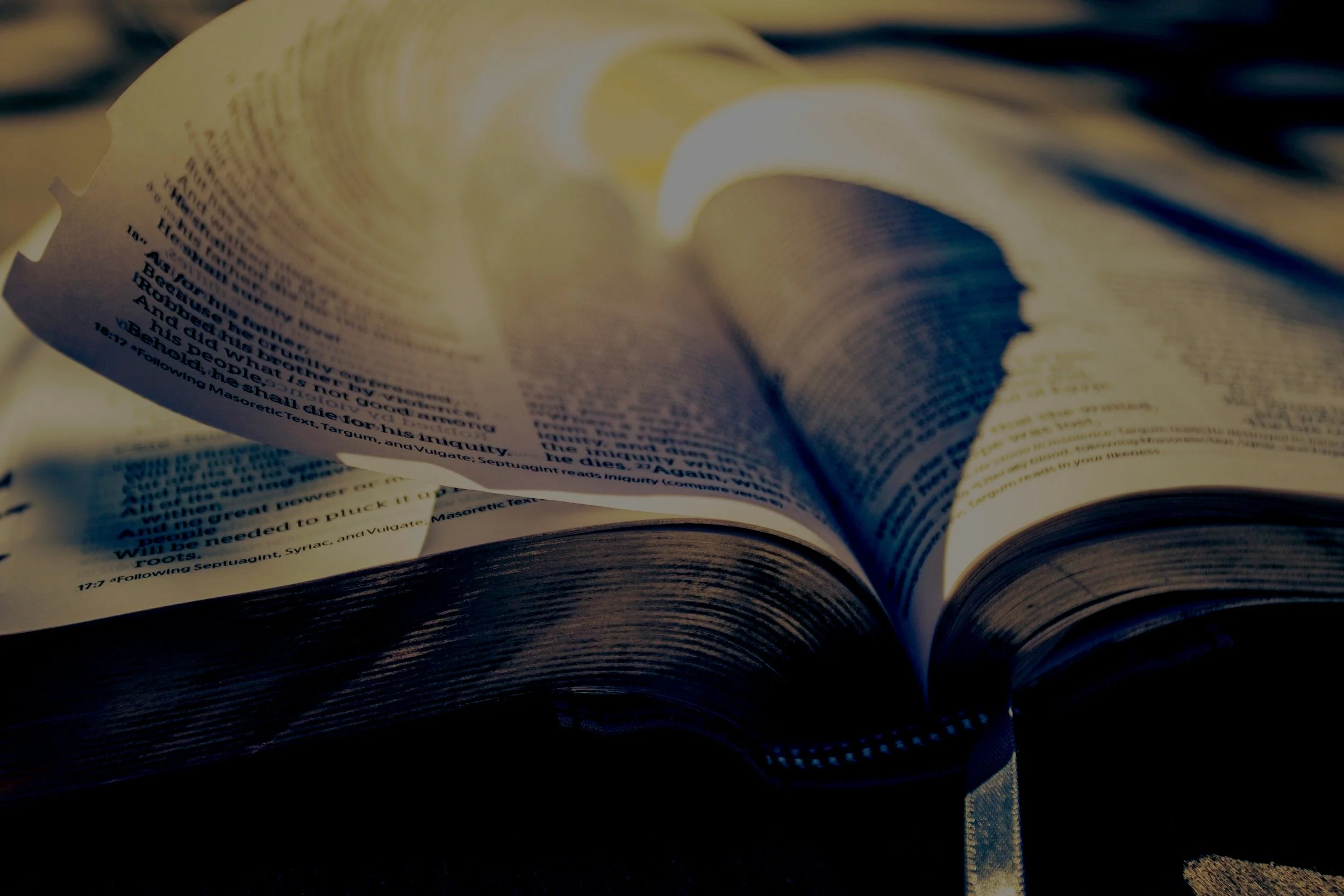 An open book with pages curved inward, showing printed text, and a bookmark ribbon visible at the bottom.