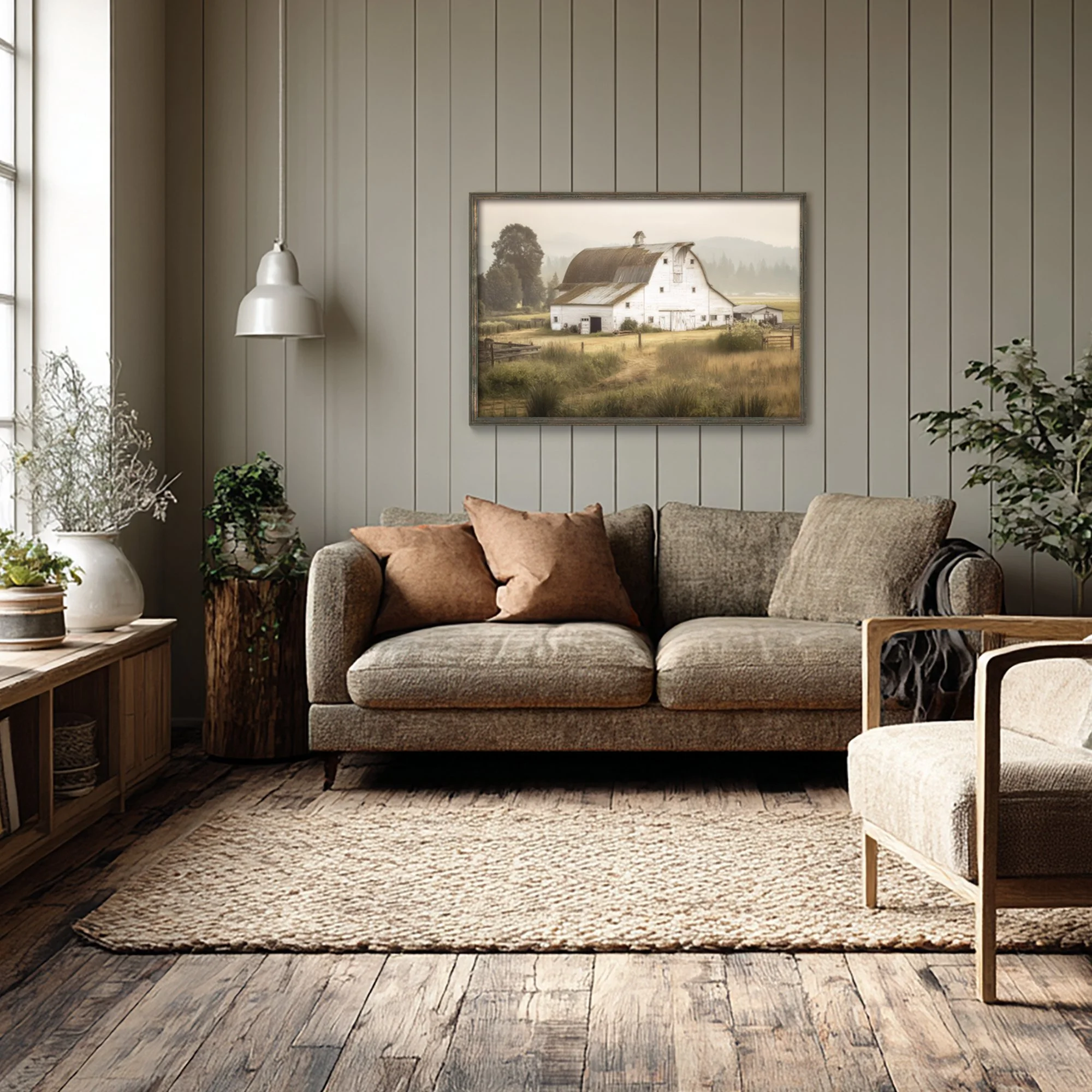 Rustic white barn in a golden countryside field surrounded by trees and misty hills under soft morning light.
