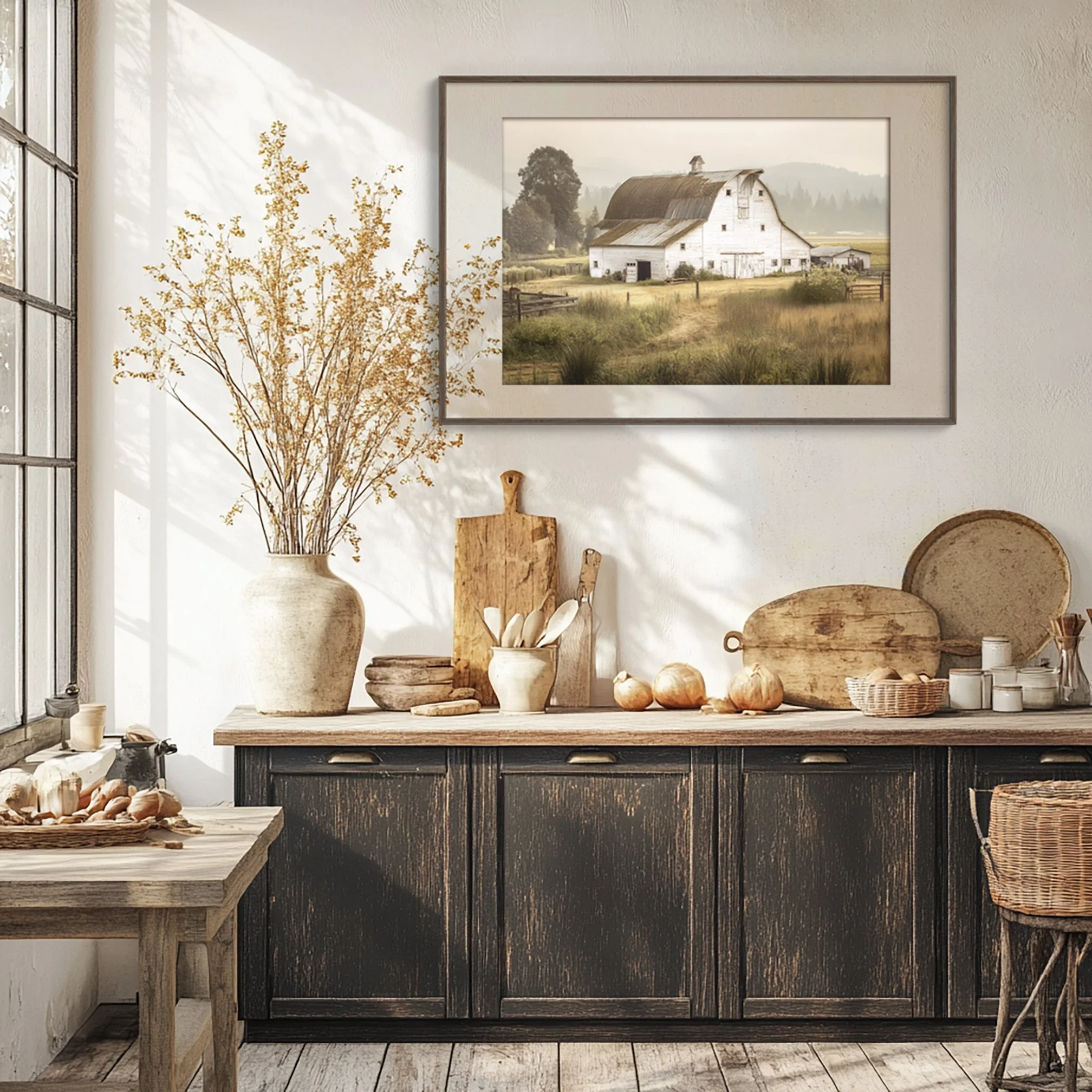 Rustic white barn in a golden countryside field surrounded by trees and misty hills under soft morning light.