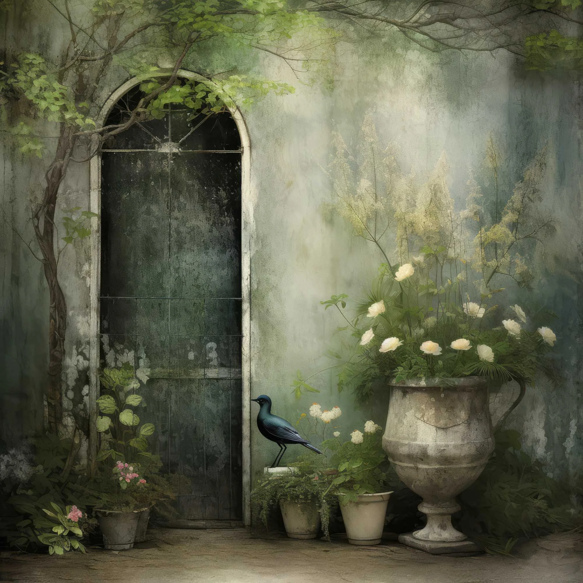French Country Courtyard Garden with Bird Printable Art