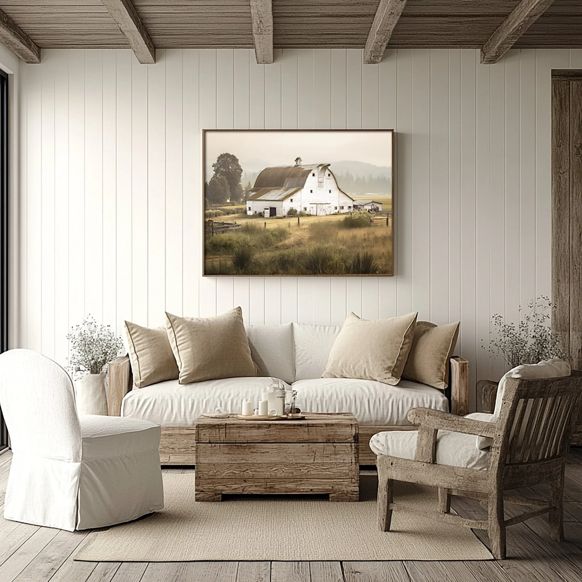 Rustic white barn in a golden countryside field surrounded by trees and misty hills under soft morning light.