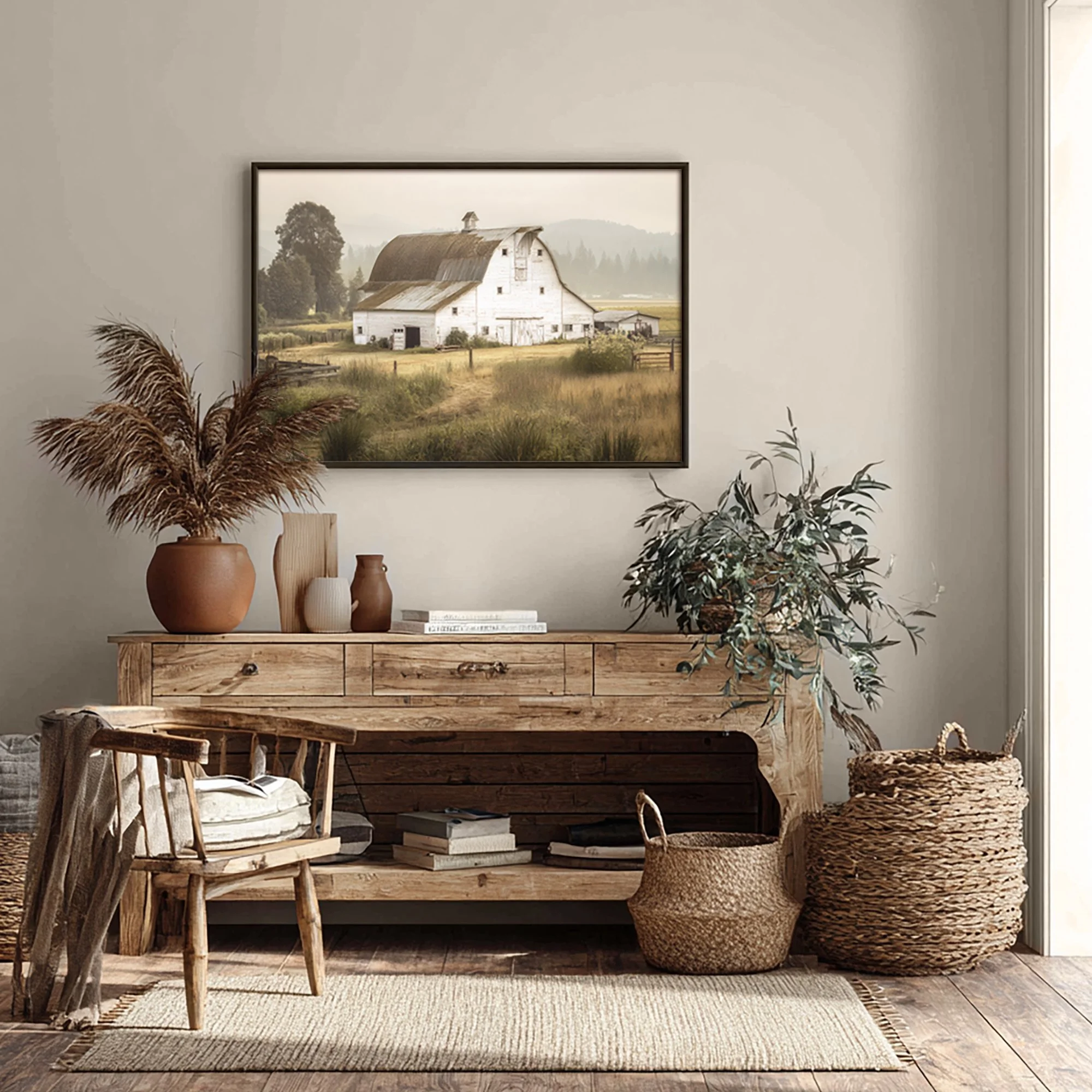 Rustic white barn in a golden countryside field surrounded by trees and misty hills under soft morning light.