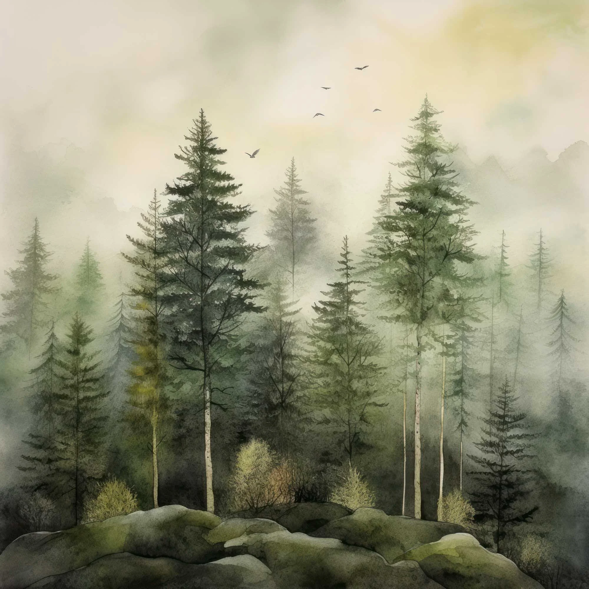 Misty Evergreen Forest Landscape Printable Art