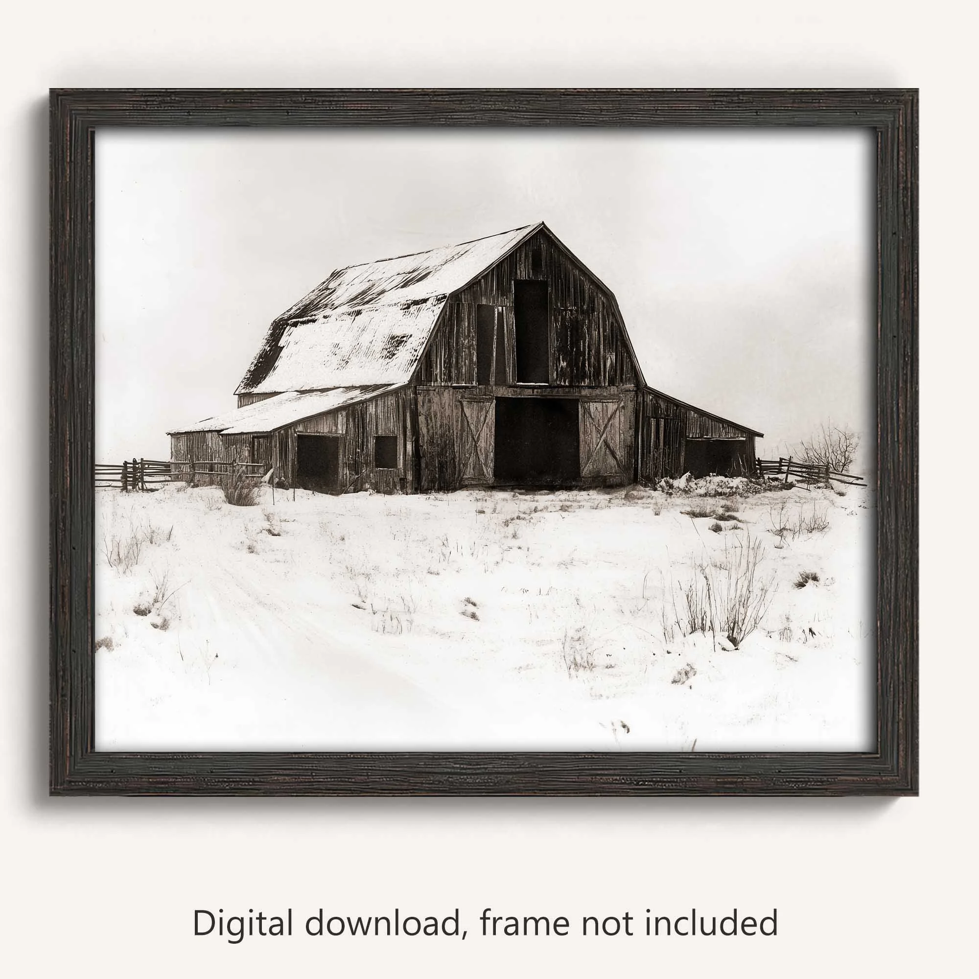 Rustic Barn Charcoal Drawing Style Printable Art