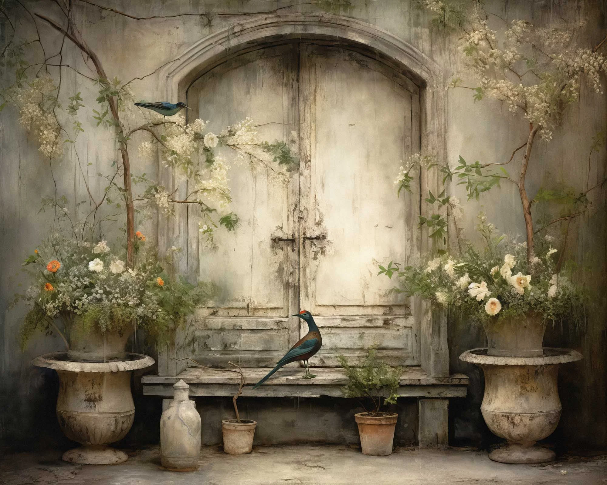 French Country Garden in a Quaint Courtyard Rustic Printable Art