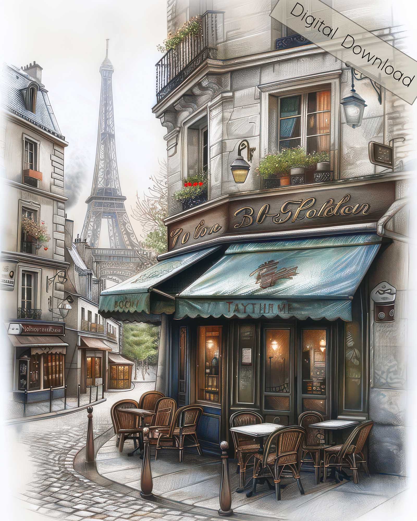 Charming Paris Café with Eiffel Tower Printable Art
