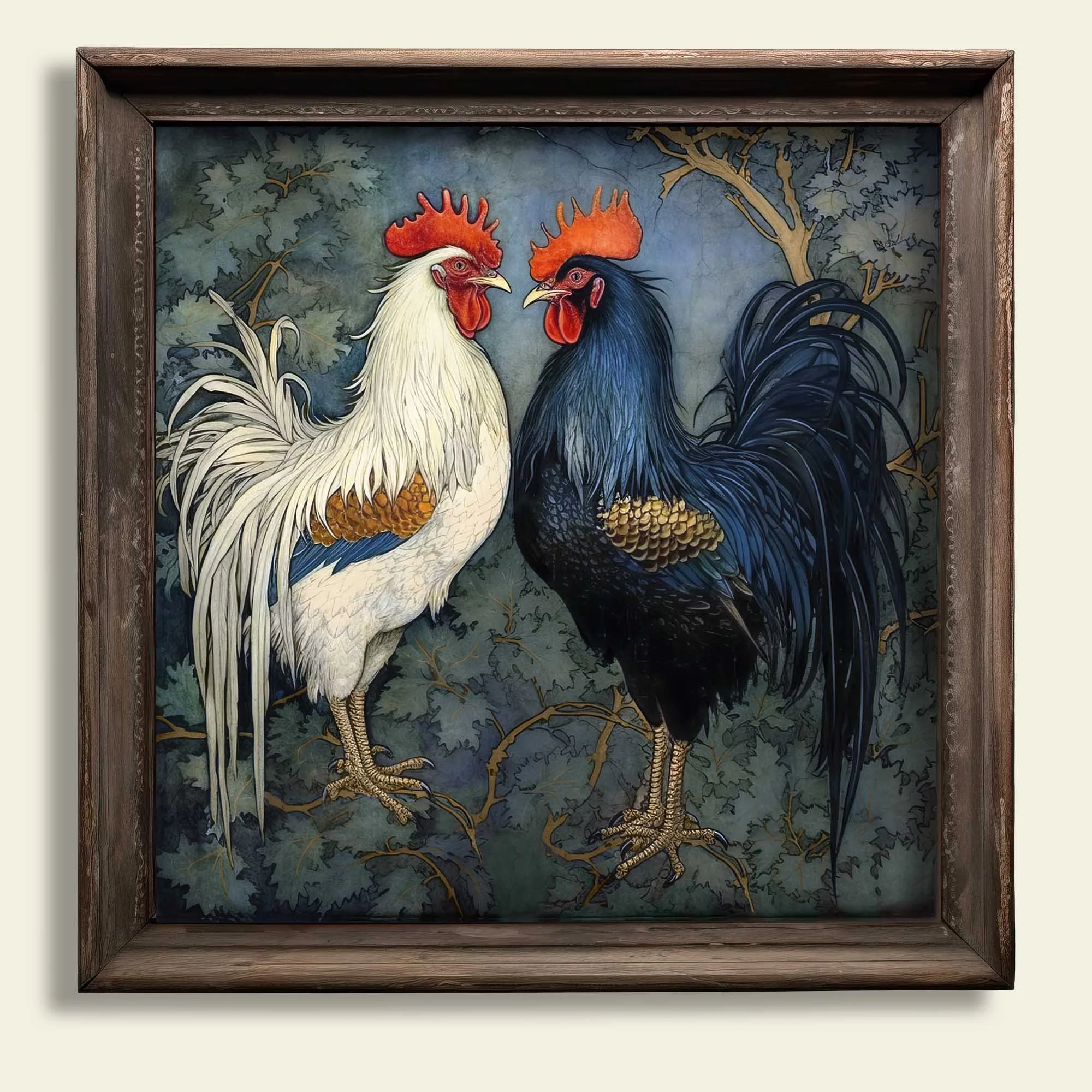 Rooster Couple Rustic Canvas Wall Art Print