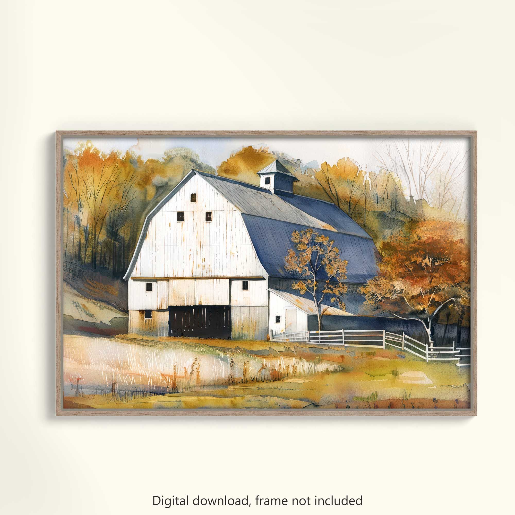 Rustic Autumn White Barn Countryside Printable Painting