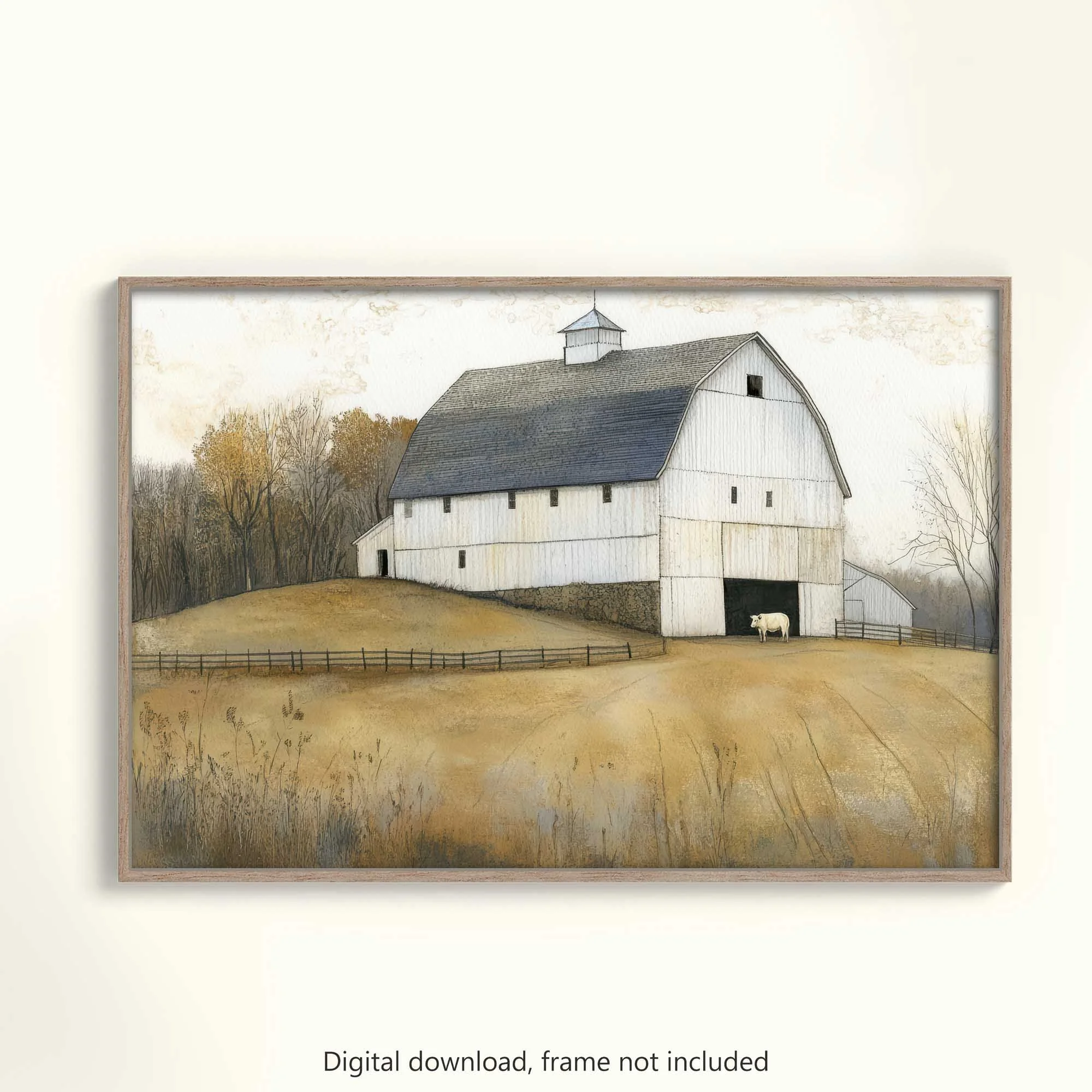 Vintage White Barn Autumn Landscape Art Printable