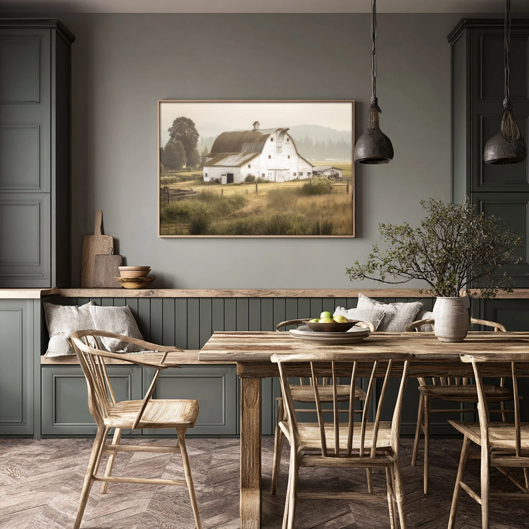 Rustic white barn in a golden countryside field surrounded by trees and misty hills under soft morning light.