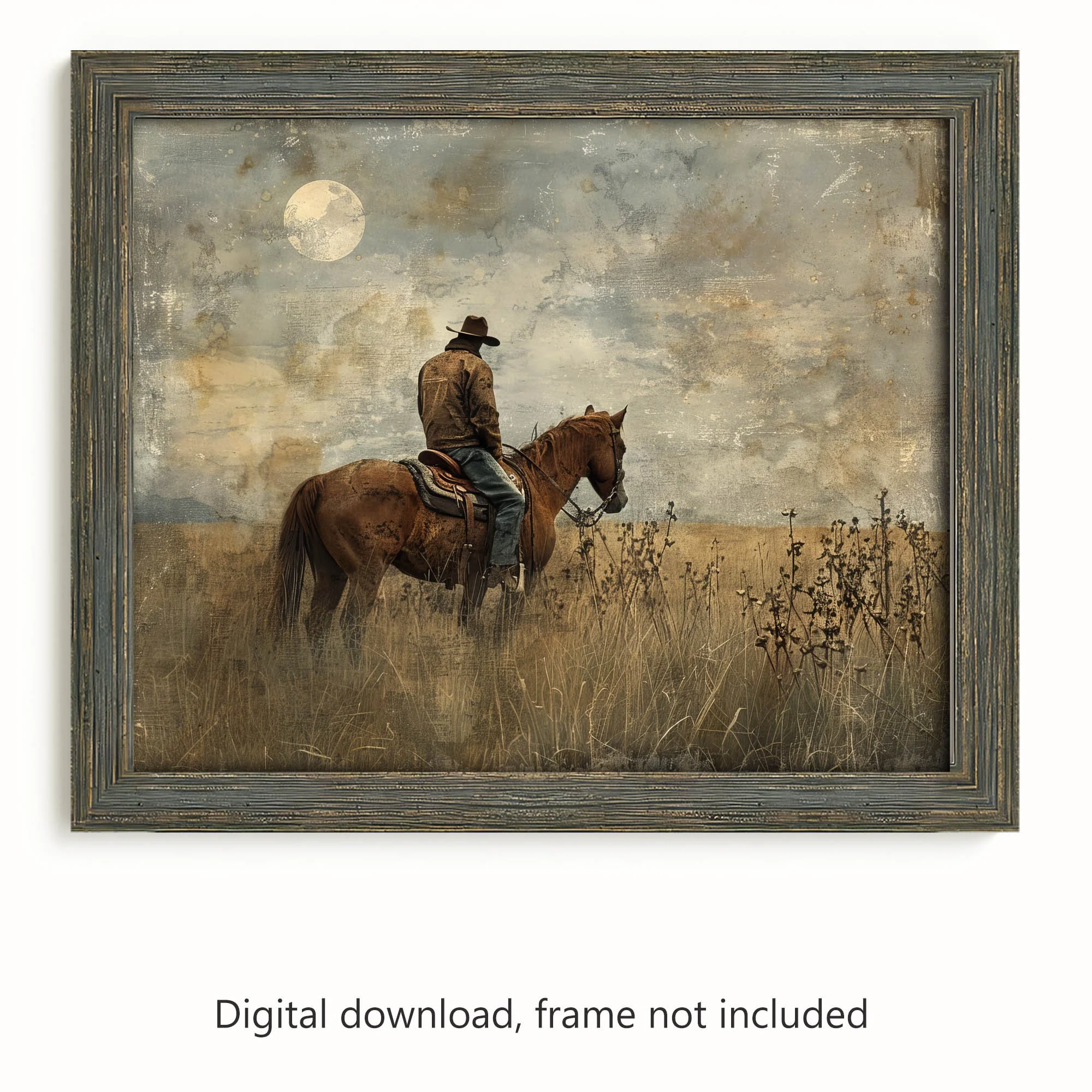 Lone Cowboy and Horse Under the Moonlit Sky Printable Art