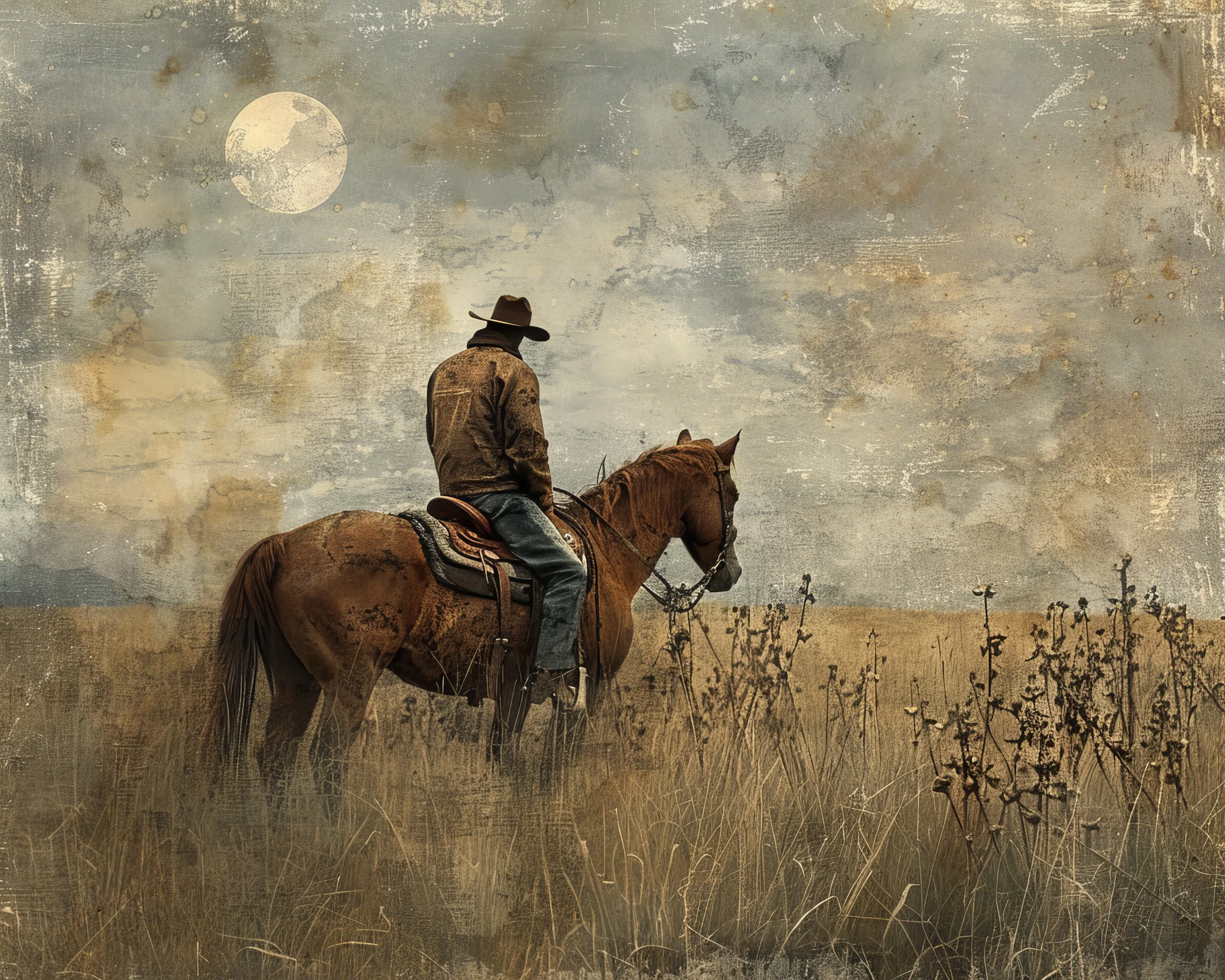 Lone cowboy under the moon painting