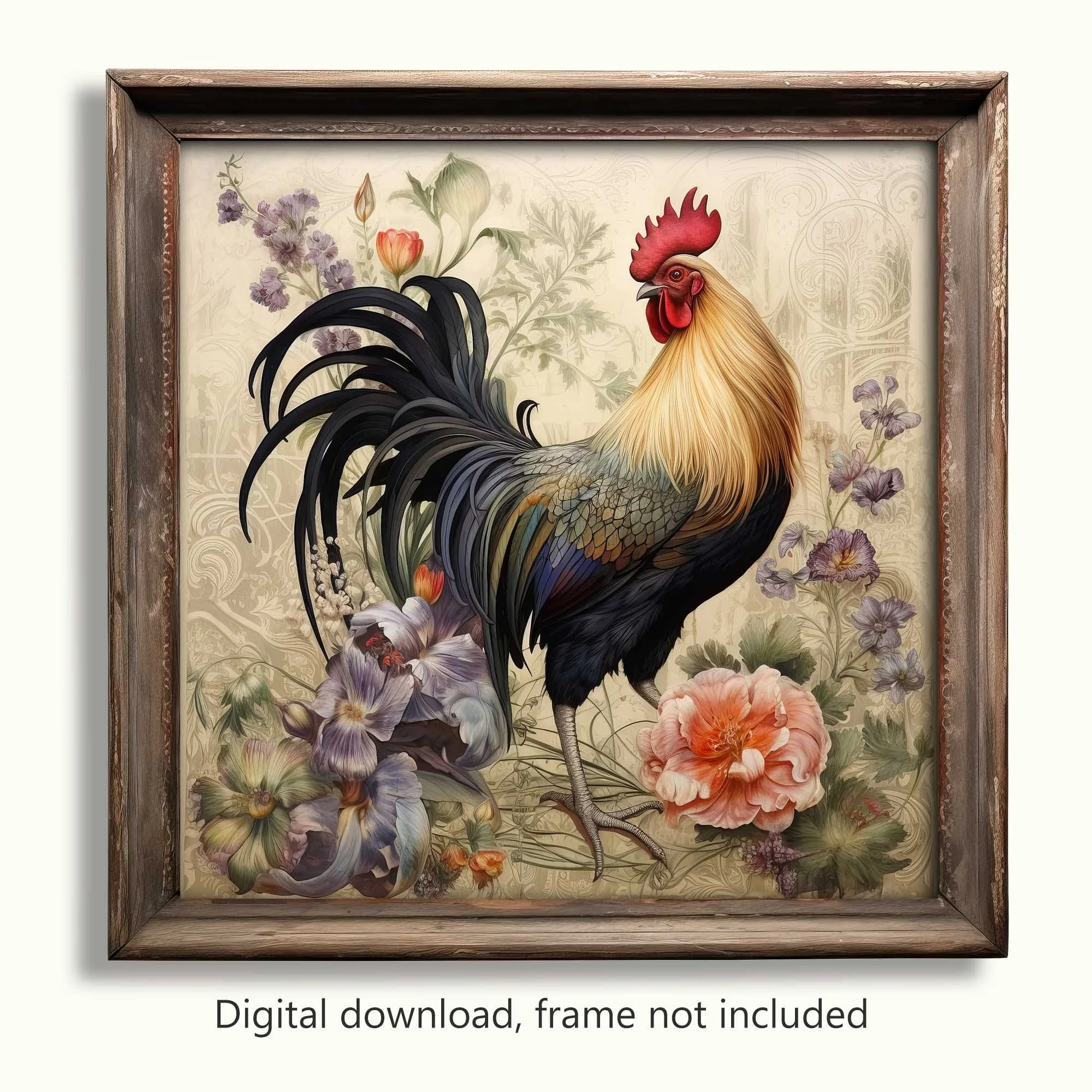 Vibrant Rooster and Flowers Art Printable
