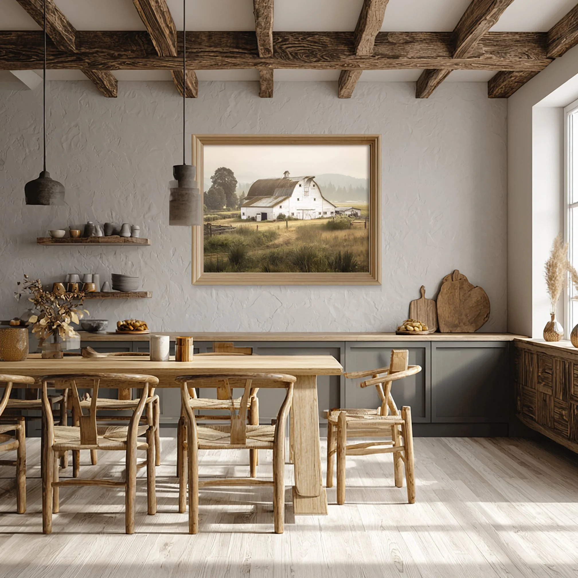 Rustic white barn in a golden countryside field surrounded by trees and misty hills under soft morning light.