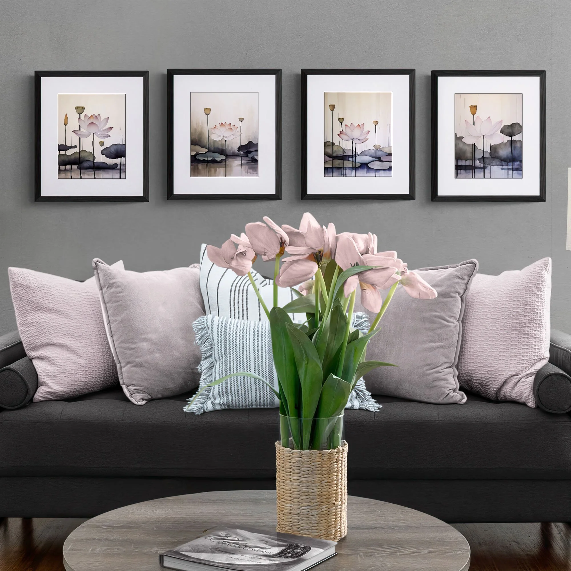 Water Lily Wall Art Bohemian Minimalist Fine Art Prints Set of 4 (8x10)