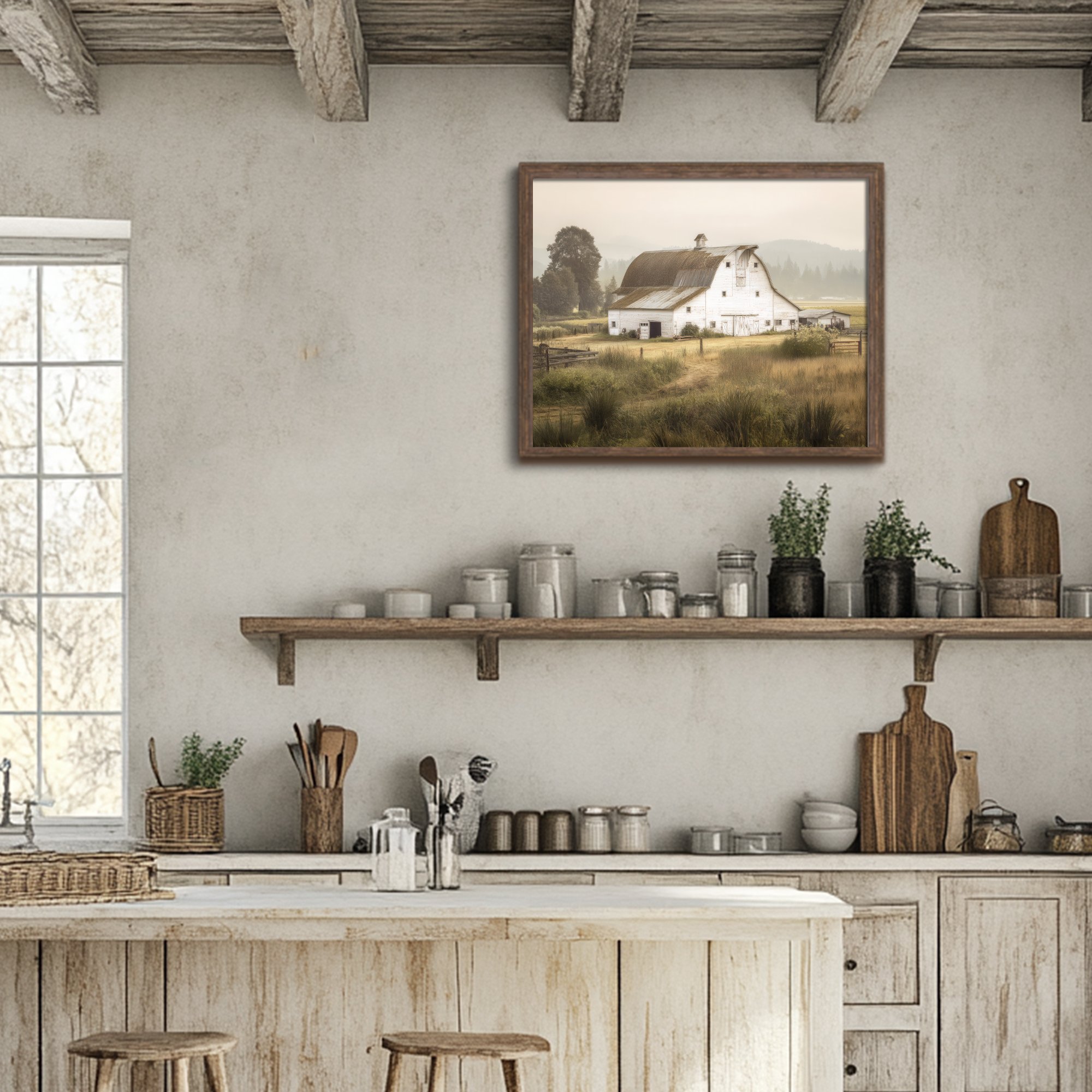 Rustic white barn in a golden countryside field surrounded by trees and misty hills under soft morning light.