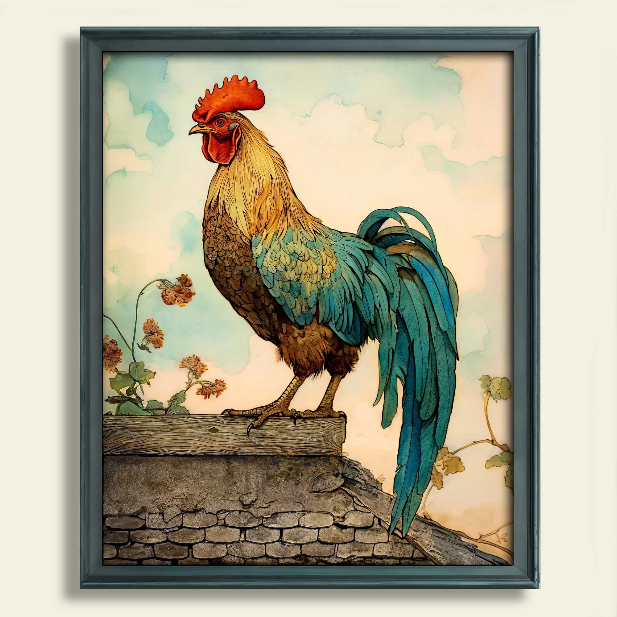 Vibrant Watercolor Rustic Rooster Fine Art Print