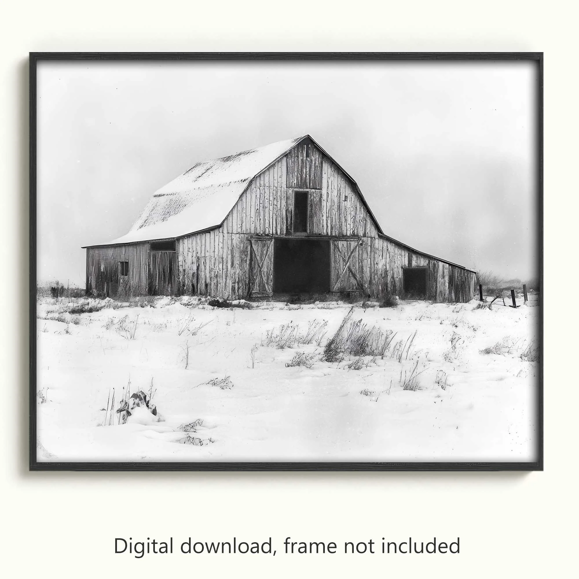 Vintage Charcoal Barn in Snow Printable Art