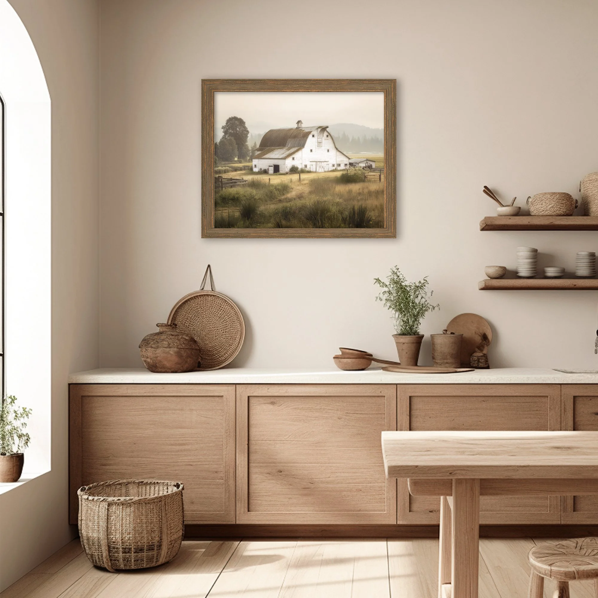 Rustic white barn in a golden countryside field surrounded by trees and misty hills under soft morning light.