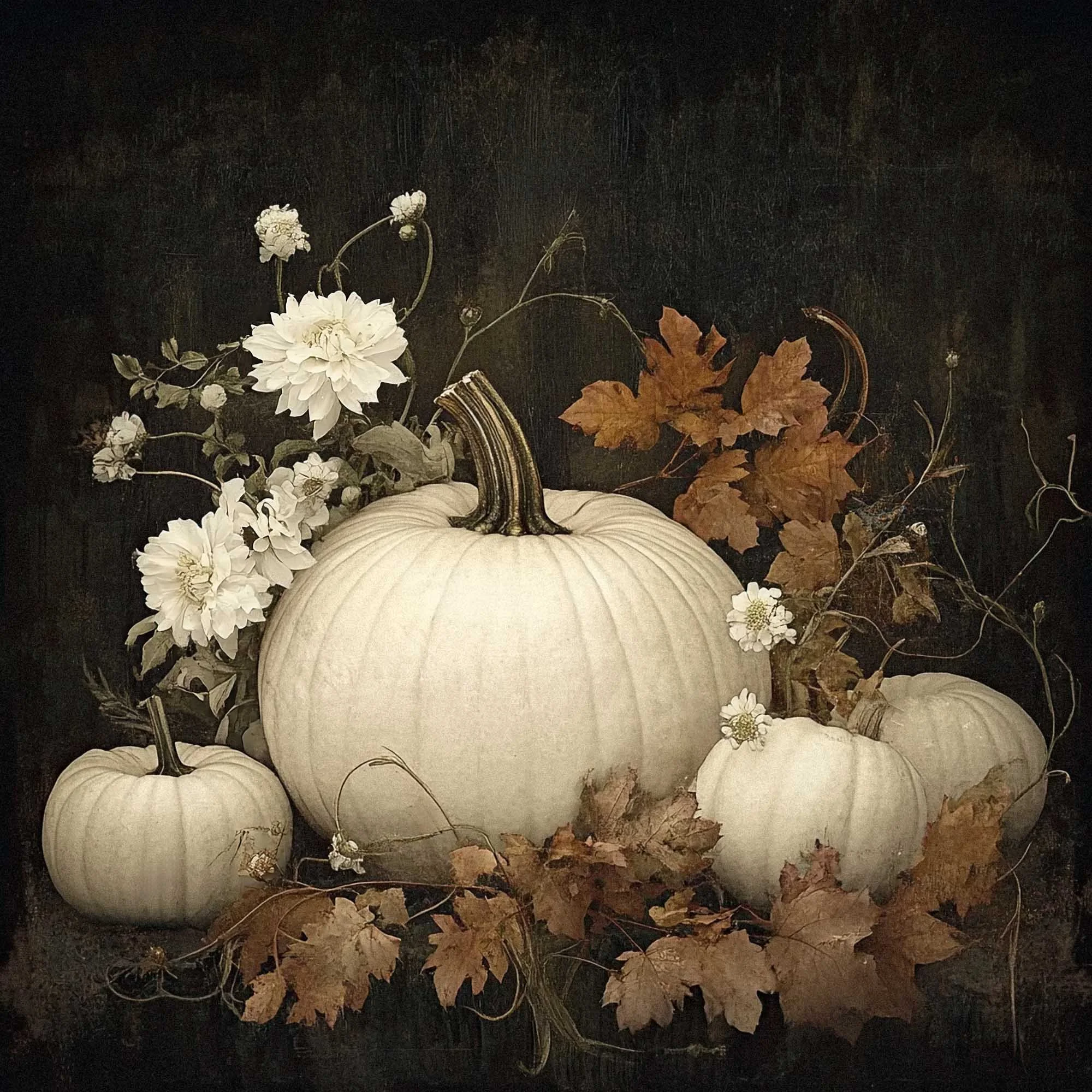 Elegant White Pumpkin and Fall Leaves Rustic Wall Art