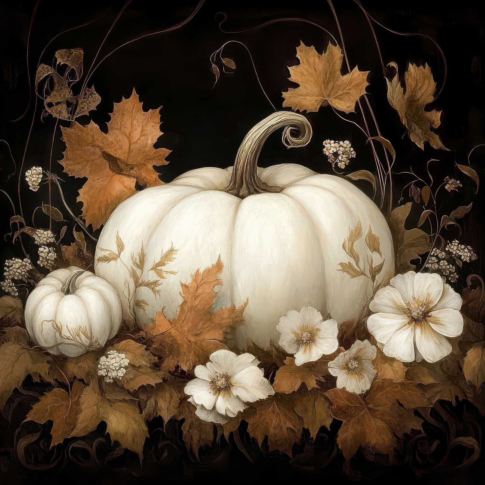 White Pumpkin and Fall Leaves Printable Wall Art