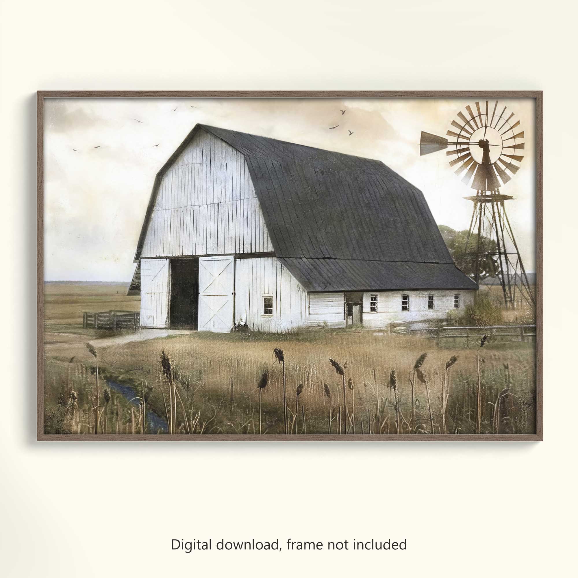 Rustic Barn and Windmill in the Countryside Printable Art
